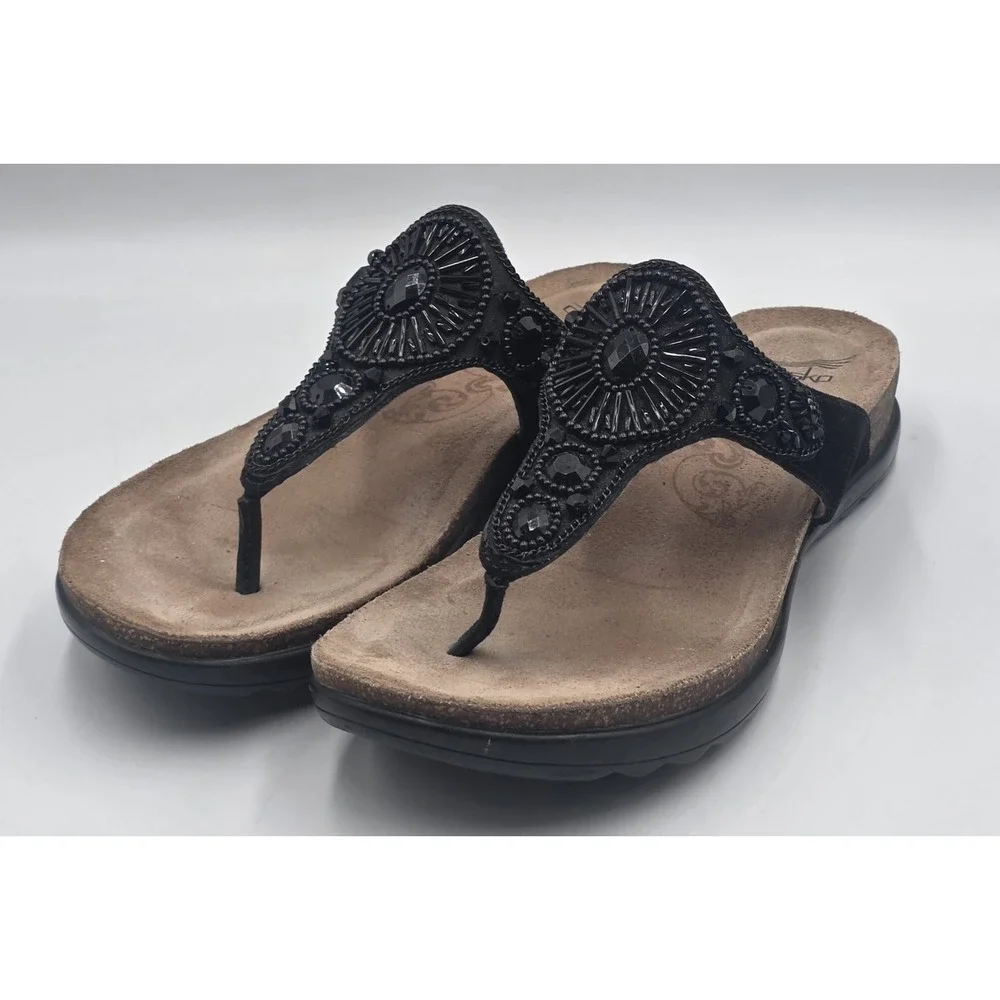 Dansko Black Beaded Leather Thong Sandals